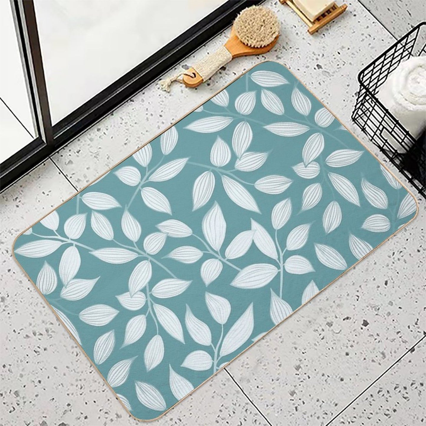 Floral Leaves in Teal Green  Dirt-Trapping Bath Mat