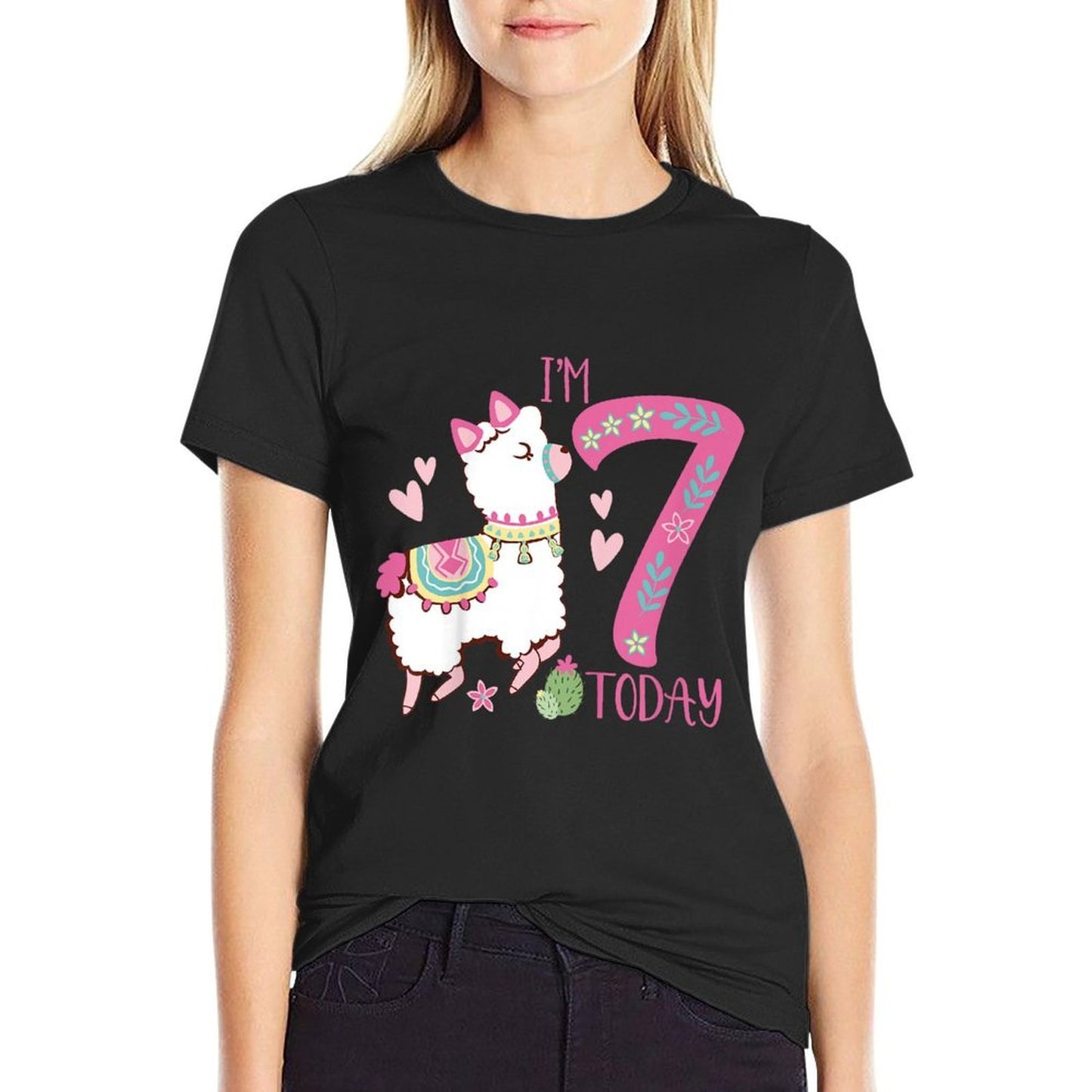Kids I Am 7 Years Old 7th Birthday Girl Alpaca  Llama  Easy-care T-Shirt