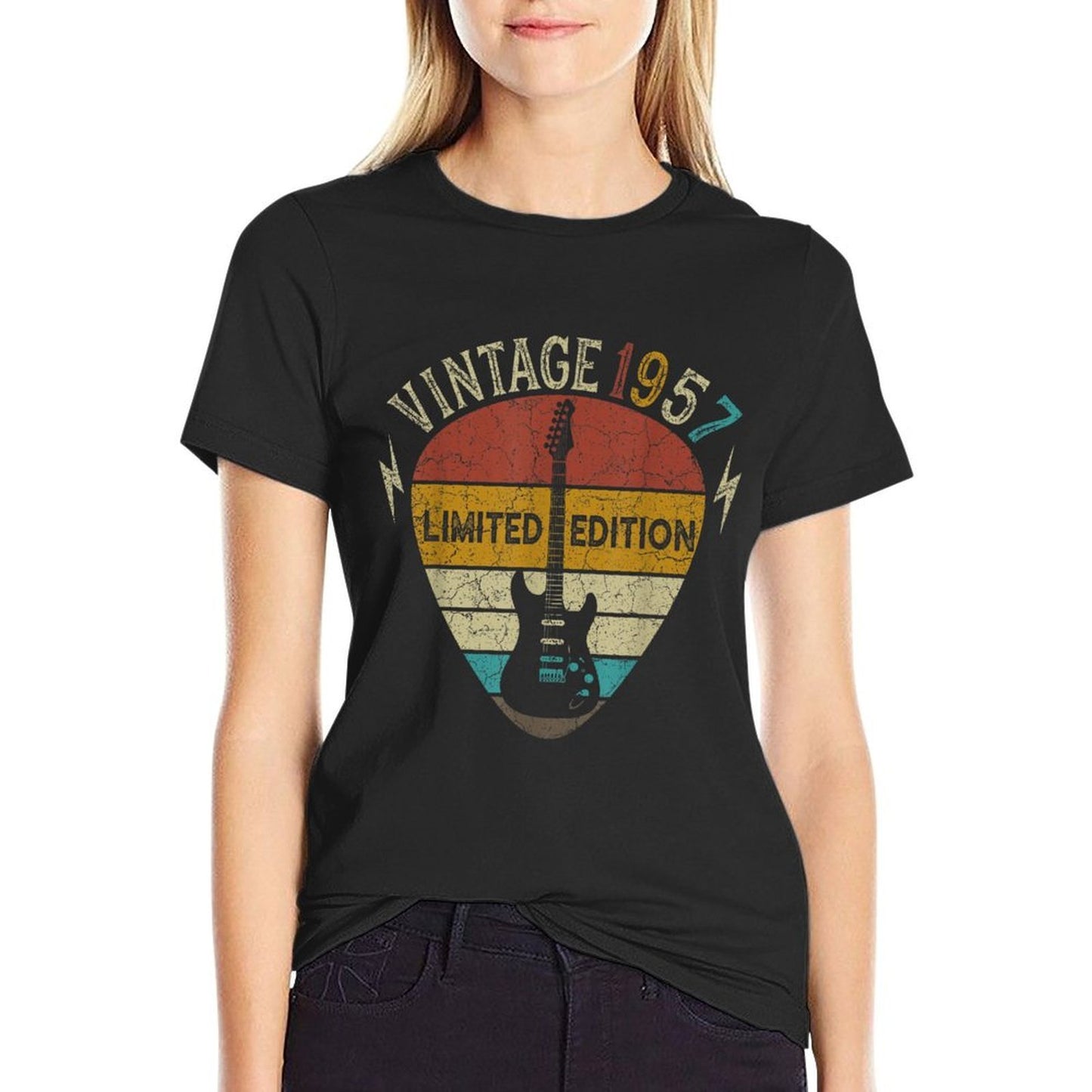 Guitar Lover 65 Years Old Gift, Vintage 1957 65th Birthday  Rolled Sleeves T-Shirt