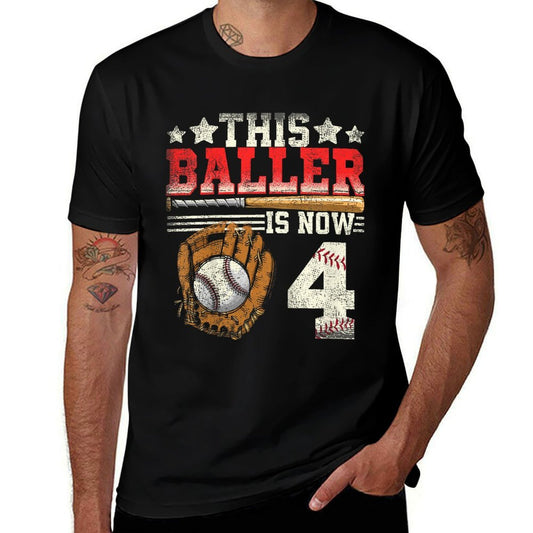 Kids 4th Birthday Boy Baseball Kids Four Year Old  Trendy Pattern T-Shirt