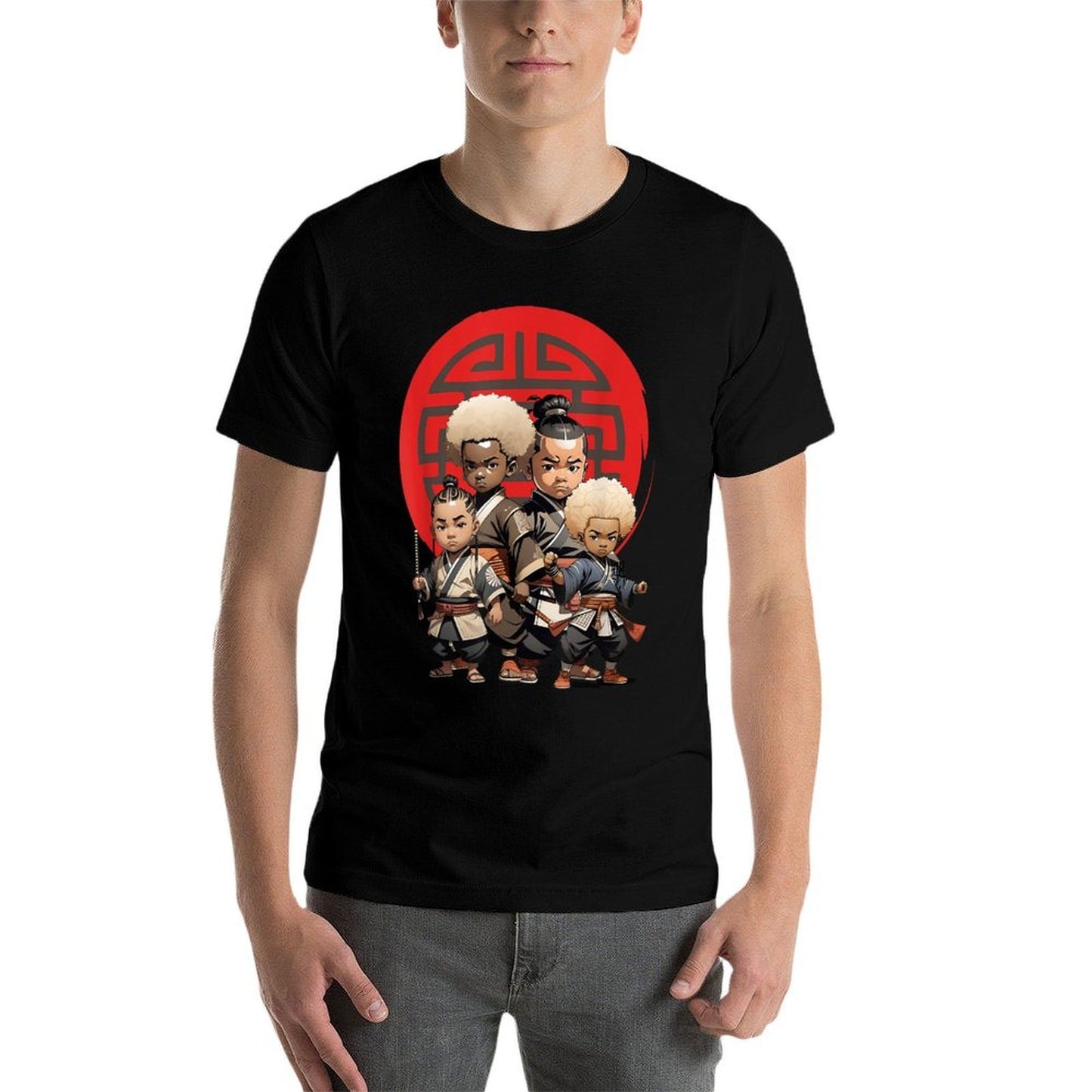 Samurai Boy Anime Afro  Japanese Retro Style  Rolled Sleeves T-Shirt