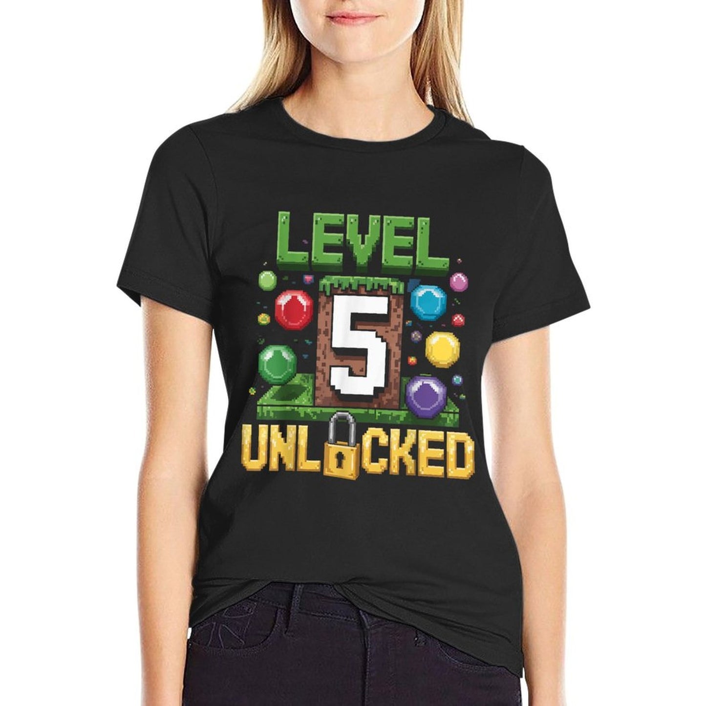 Birthday Boy Level 5 Unlocked 5th Birthday Game Pixel  Cotton T-Shirt