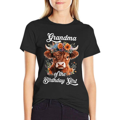 Grandma Of The Birthday Girl Highland Cow Farm Family  Ribbed Collar T-Shirt