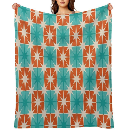 Mid Century Modern Atomic Stars Retro Checkered Starburst Pattern in Teal Turquoise Orange Shrink-resistant Throw Blanket