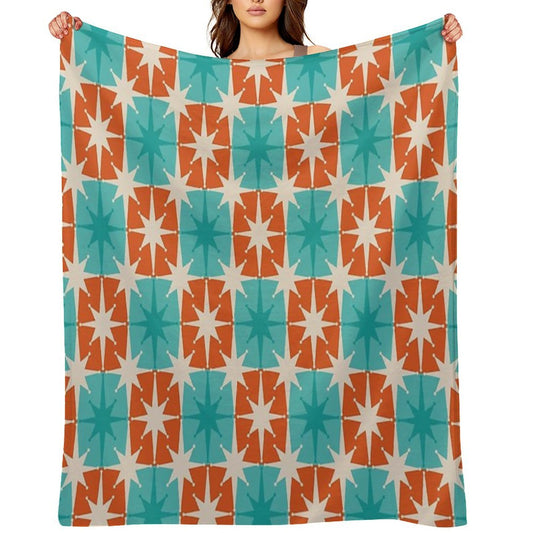 Mid Century Modern Atomic Stars Retro Checkered Starburst Pattern in Teal Turquoise Orange Shrink-resistant Throw Blanket