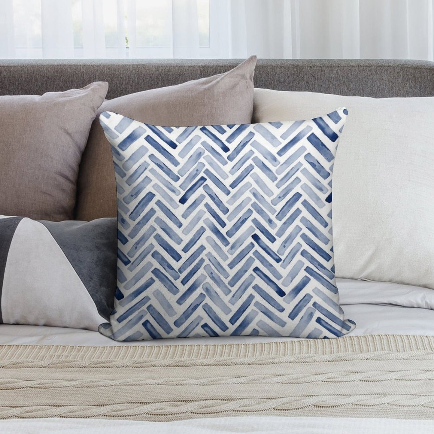 Indigo Blue Watercolor Herringbone Chevron Soft Reinforced Edging Throw Pillow