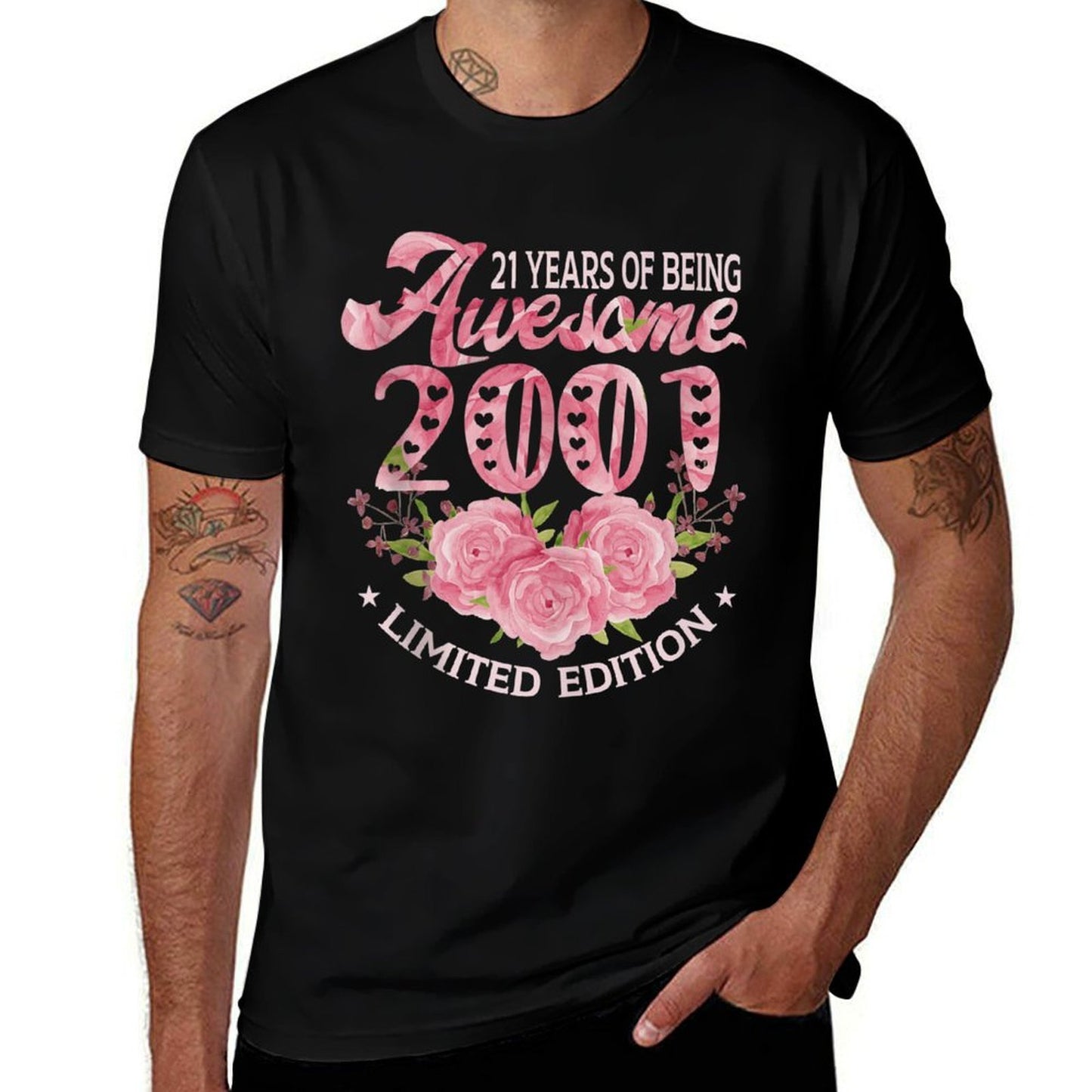 21 Year Old Pink Vintage 2001 Bday 21st Birthday Women  Rolled Sleeves T-Shirt