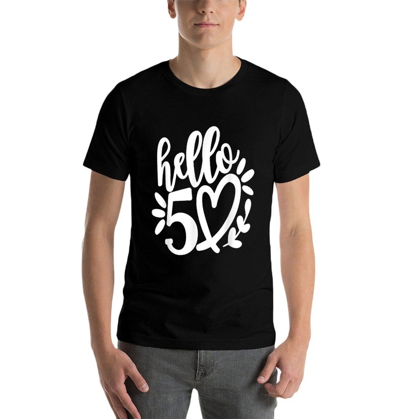 Hello 50 with Cute Heart, Hello Fifty Squad, 50th Birthday  Trendy Pattern T-Shirt