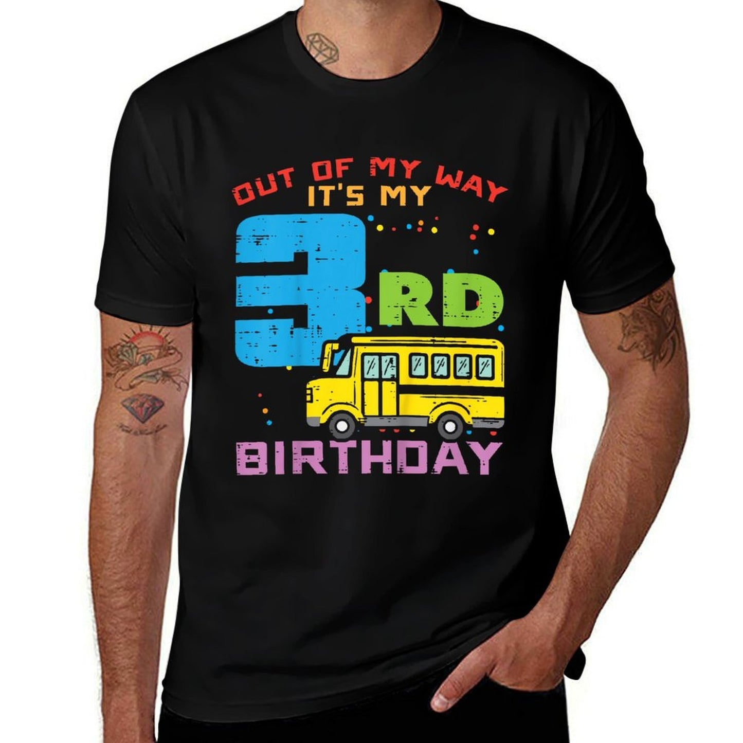 Kids Out Of My Way 3rd Birthday School Bus Cute 3 Year Old Boys  Rolled Sleeves T-Shirt