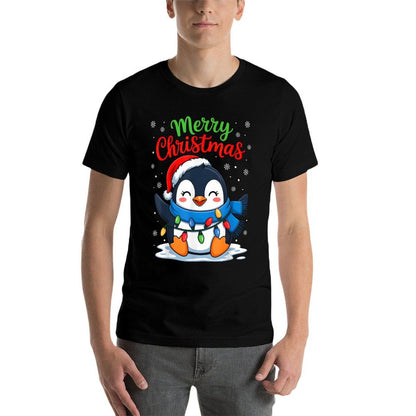 Merry Christmas Penguin Santa Hat Xmas Light Family Matching  Graphic-printed T-Shirt