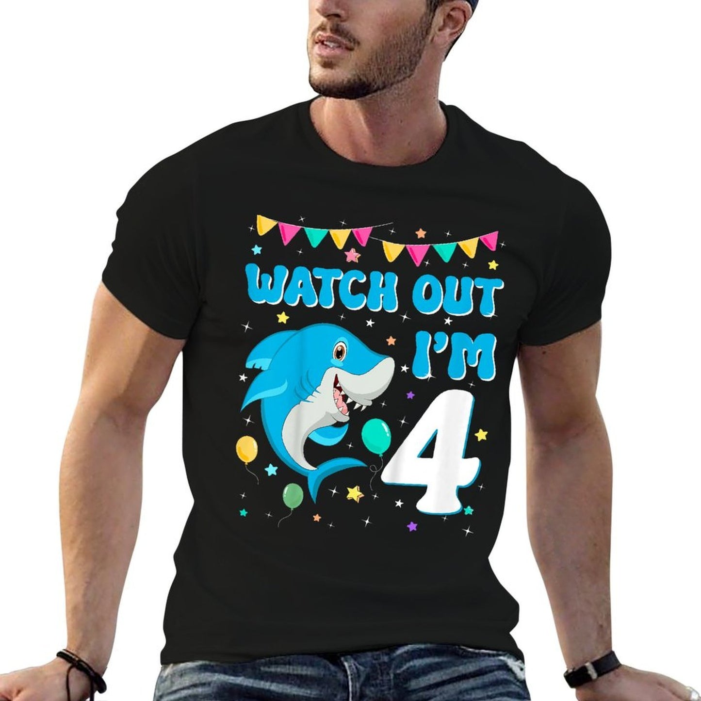 Kids Watch Out Shark I'm 4 Years Old Birthday Boy Back to School  Relaxed-fit T-Shirt