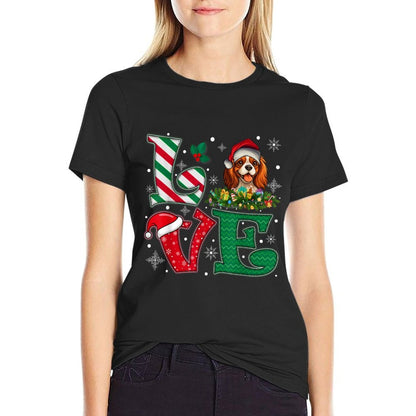 Santa Hat Love Cavalier King Charles Spaniel Dog Xmas Girls  Rolled Sleeves T-Shirt