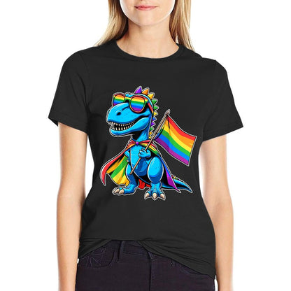 Dinosaur Gay Pride LGBT Rainbow Ribbed Collar T-Shirt