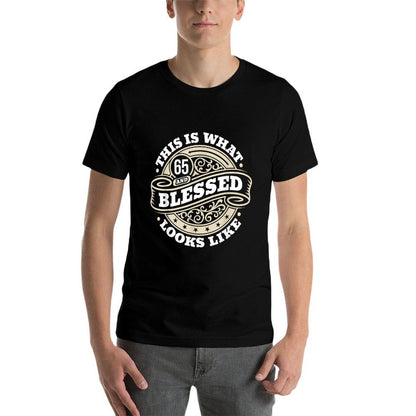 65th Birthday Age 65 Blessed I Religious 65th Birthday  Ribbed Collar T-Shirt