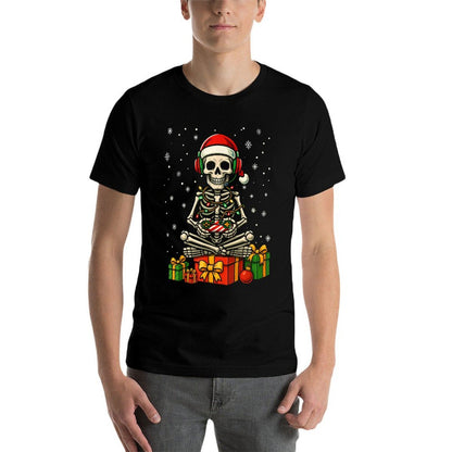 Funny Skeleton Game Controller Xmas Lights Men Women Kids PJ  Cotton T-Shirt