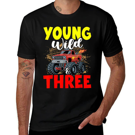 Kids Young Wild Three 3rd Birthday Boy Monster Truck 3 Years  Vintage-inspired T-Shirt