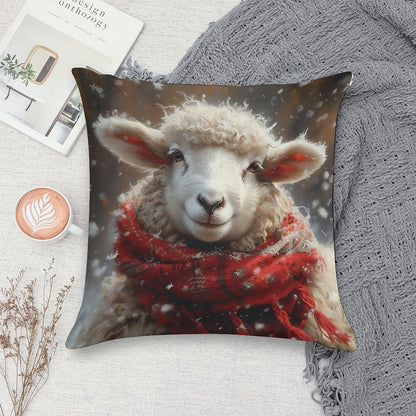 Sheep in The Snow with A Red Scarf Soft Hidden Zipper Throw Pillow