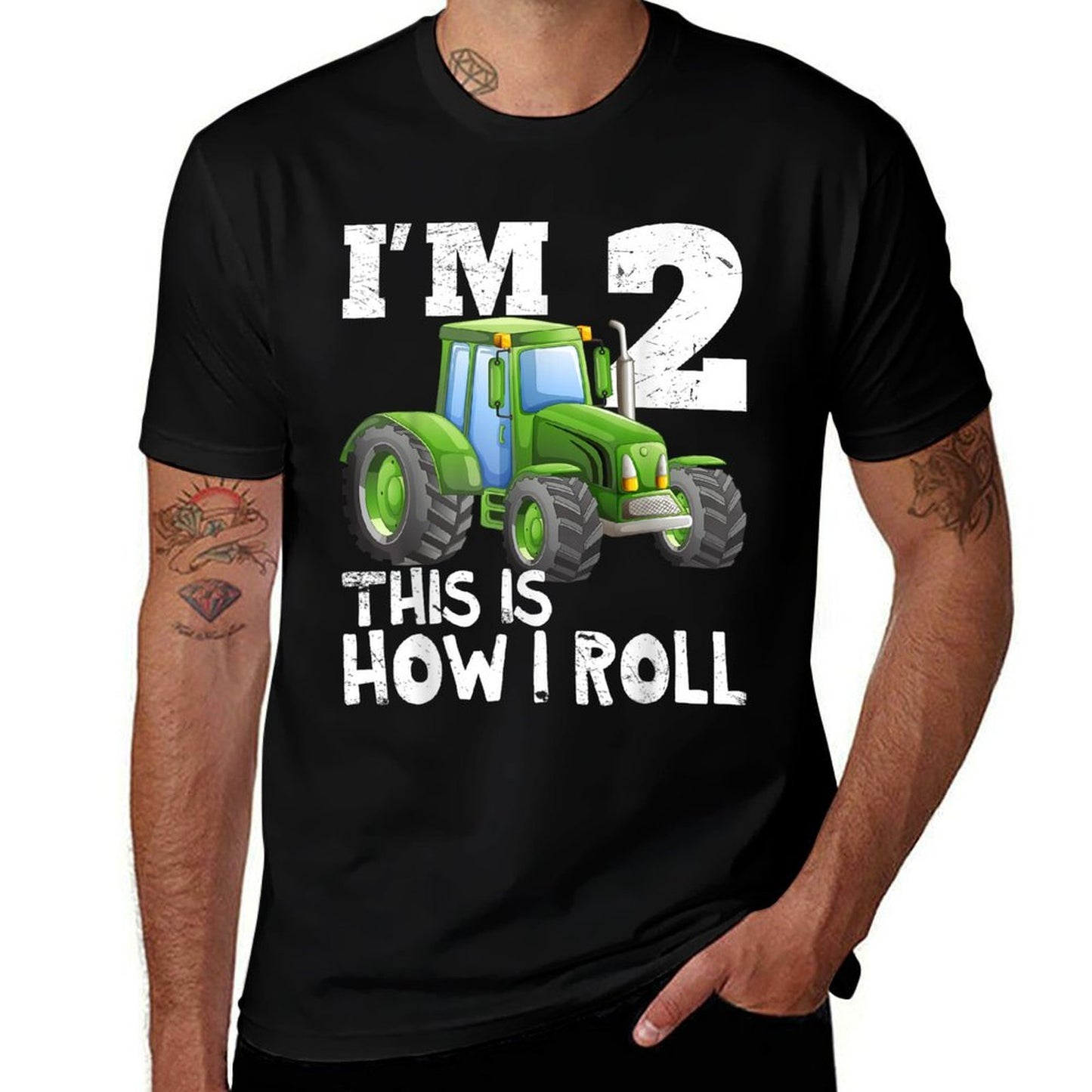 Green Farm Tractor 2nd Birthday Party Gift 2 Year Old  Heathered Texture T-Shirt