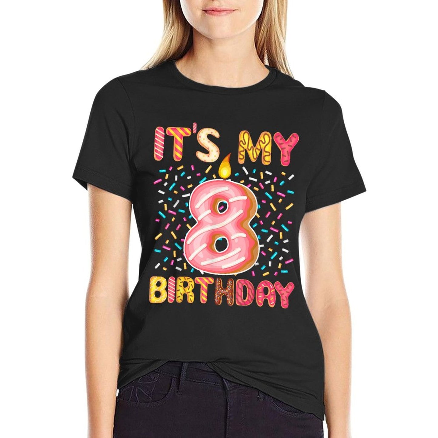 8th Birthday Sweet Donut Happy 8 Years Old Girls Kids  High-quality Stitching T-Shirt