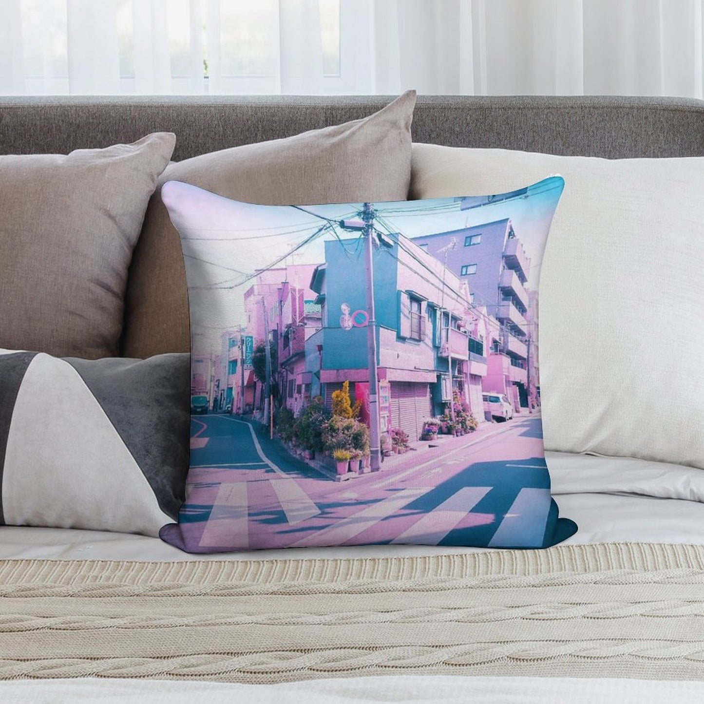 Anime in Real Life Vaporwave Summer Day in Tokyo Residential Area Soft Luxury Feel Throw Pillow