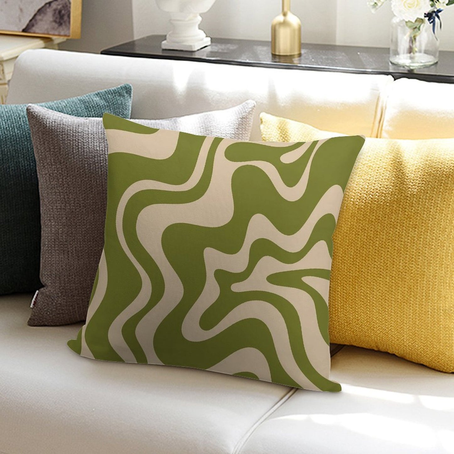 Retro Liquid Swirl Abstract Pattern in Mid Mod Beige And Olive Green Soft Home Decor Throw Pillow