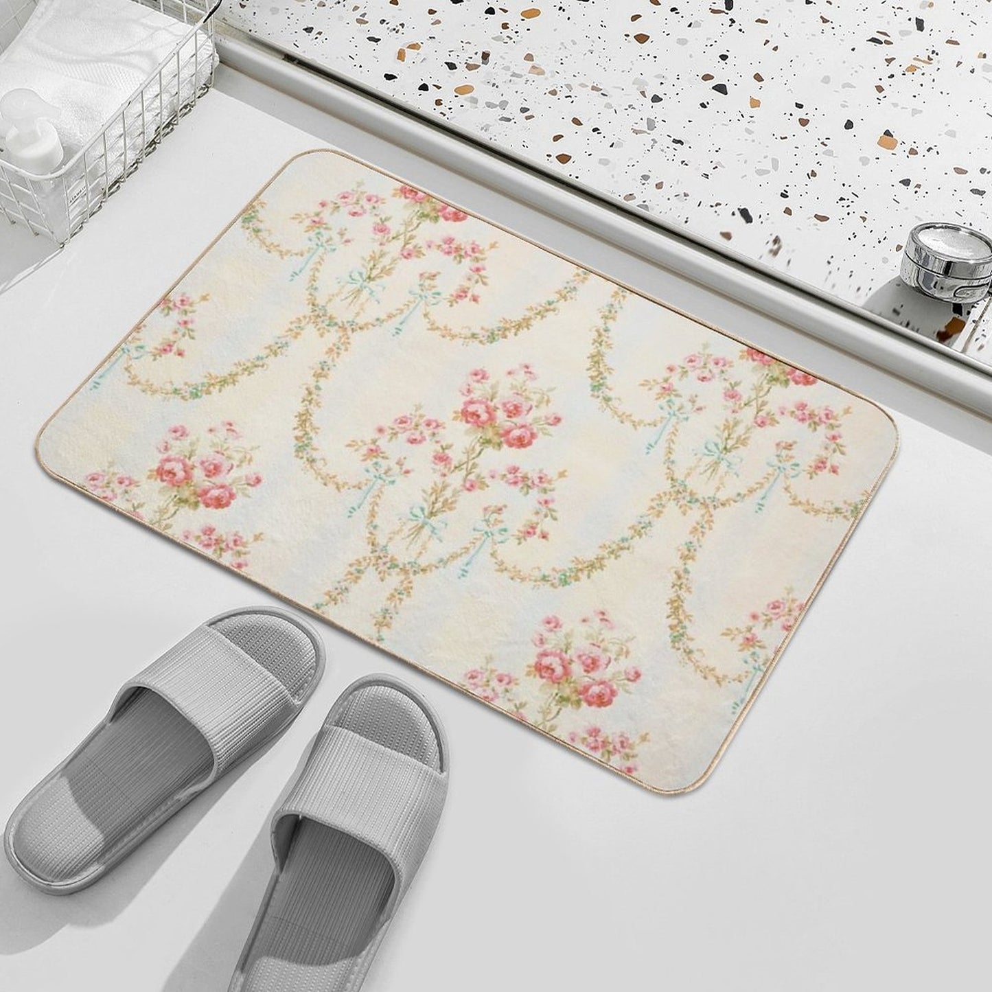 Rococo Vintage French Floral Wallpaper With Roses, Ribbons And Bows  Fade-Resistant Bath Mat