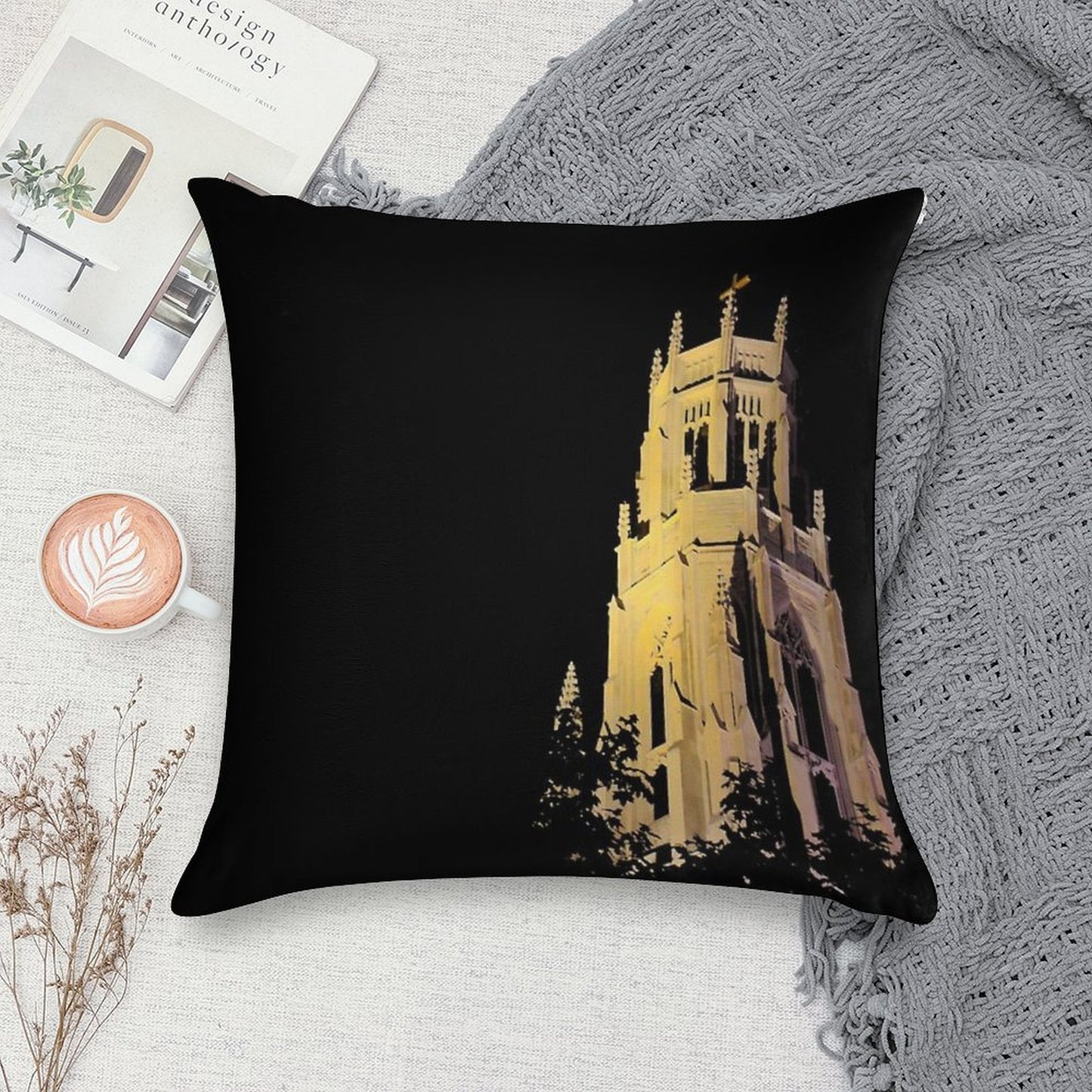 Night Time Glowing Church Soft Shrink-Resistant Throw Pillow
