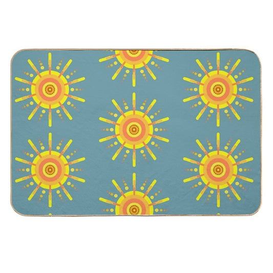 Yellow Sun Pattern Retro Style Design Blue  High-Traffic Bath Mat