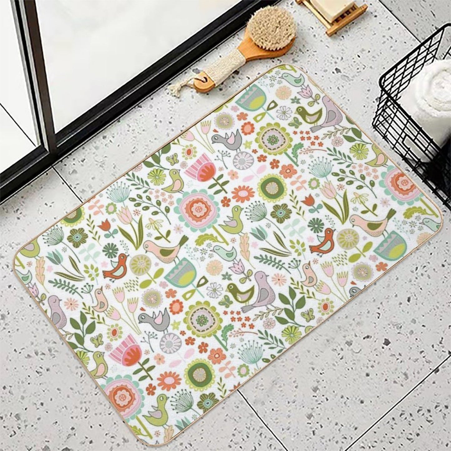 Birds And Blooms - Springtime - Pretty Floral Bird Pattern by Cecca Designs  Stain-Proof Bath Mat