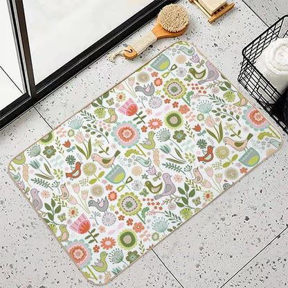 Birds And Blooms - Springtime - Pretty Floral Bird Pattern by Cecca Designs  Stain-Proof Bath Mat