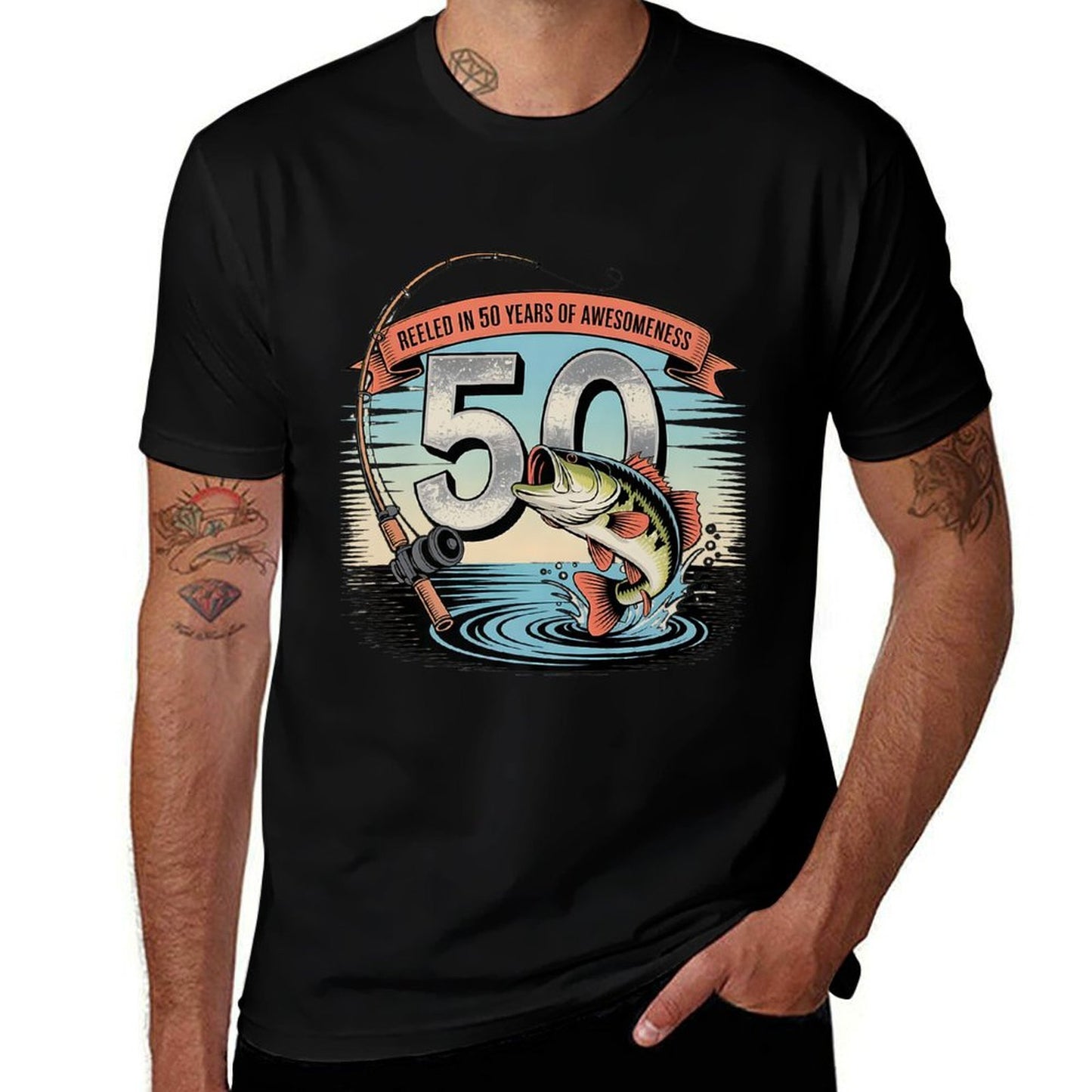 Fishing 50th Birthday – Reeled in 50 Years of Awesomeness Premium  Stretchy T-Shirt