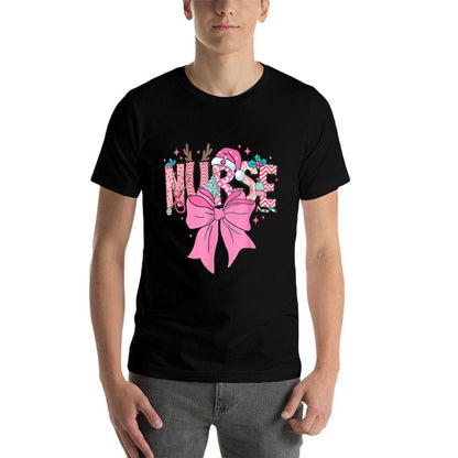 Coquette Nurse Christmas Nursing Pink Tone Bow Xmas Plaid  Heathered Texture T-Shirt