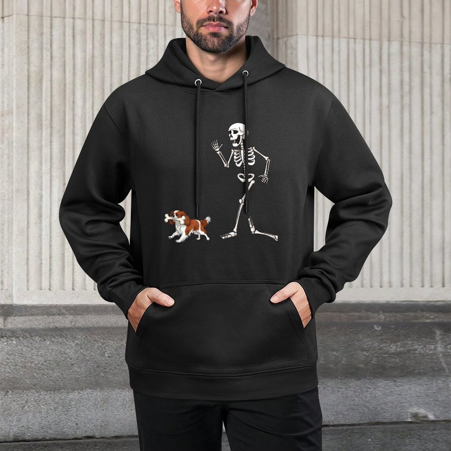 Funny Halloween Cavalier King Charles Spaniel And Skeleton Kangaroo Pocket Hoodie