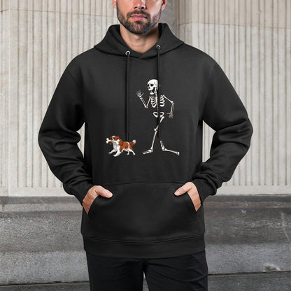Funny Halloween Cavalier King Charles Spaniel And Skeleton Kangaroo Pocket Hoodie