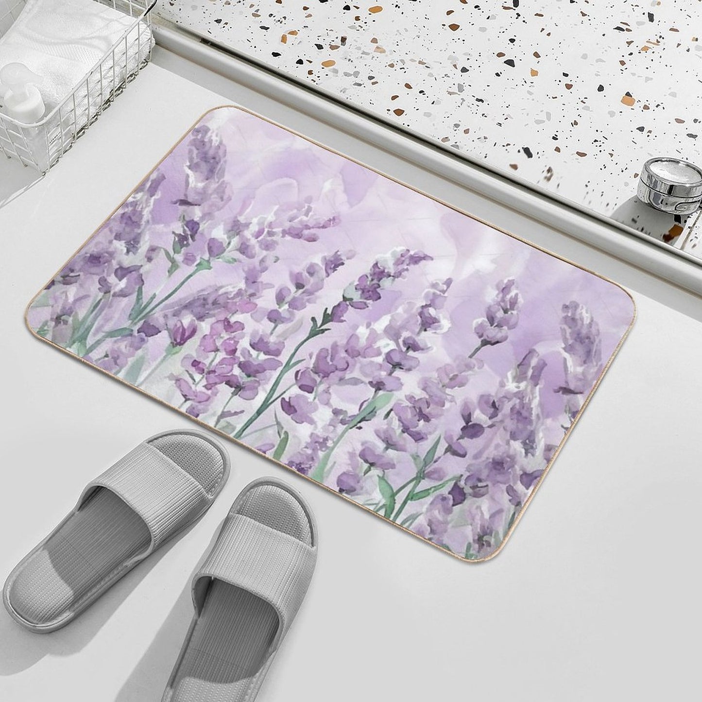 Tender Watercolor Lavender Flowers  Fade-Resistant Bath Mat