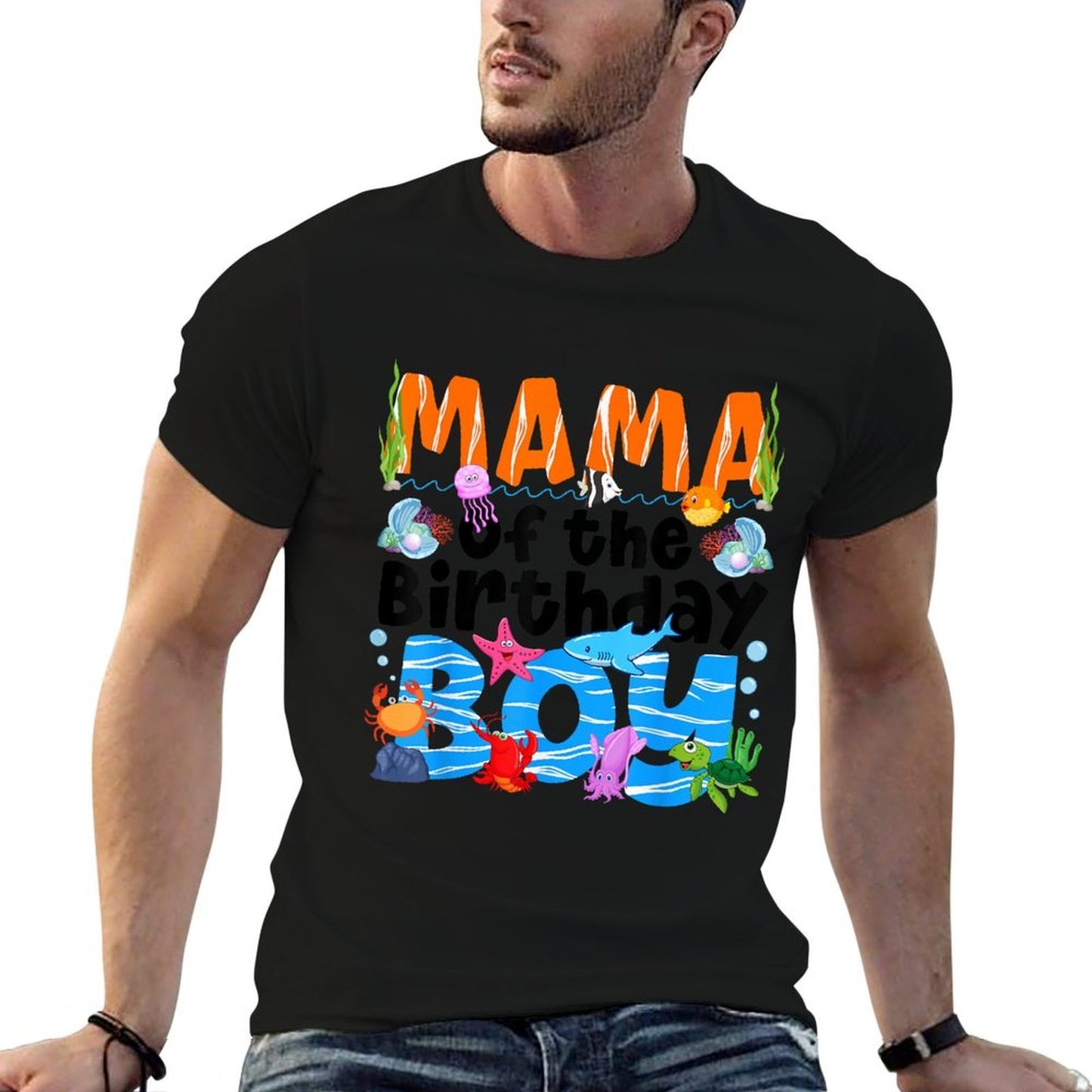 Mama Under Sea Birthday Party Boys Ocean Sea Animals Themed  Stretchy T-Shirt