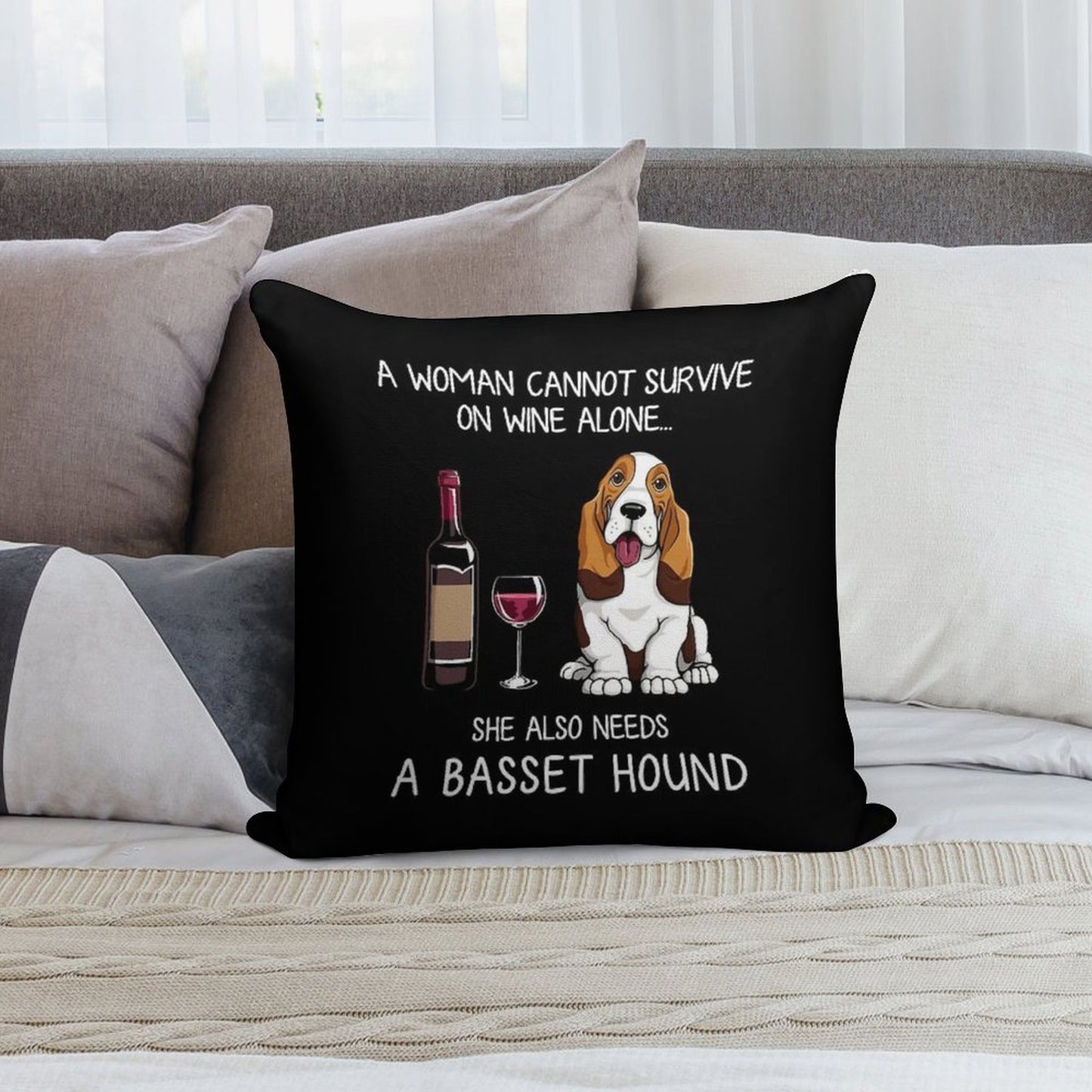 Basset Hound And Wine Funny Dog Soft Easy Maintenance Throw Pillow