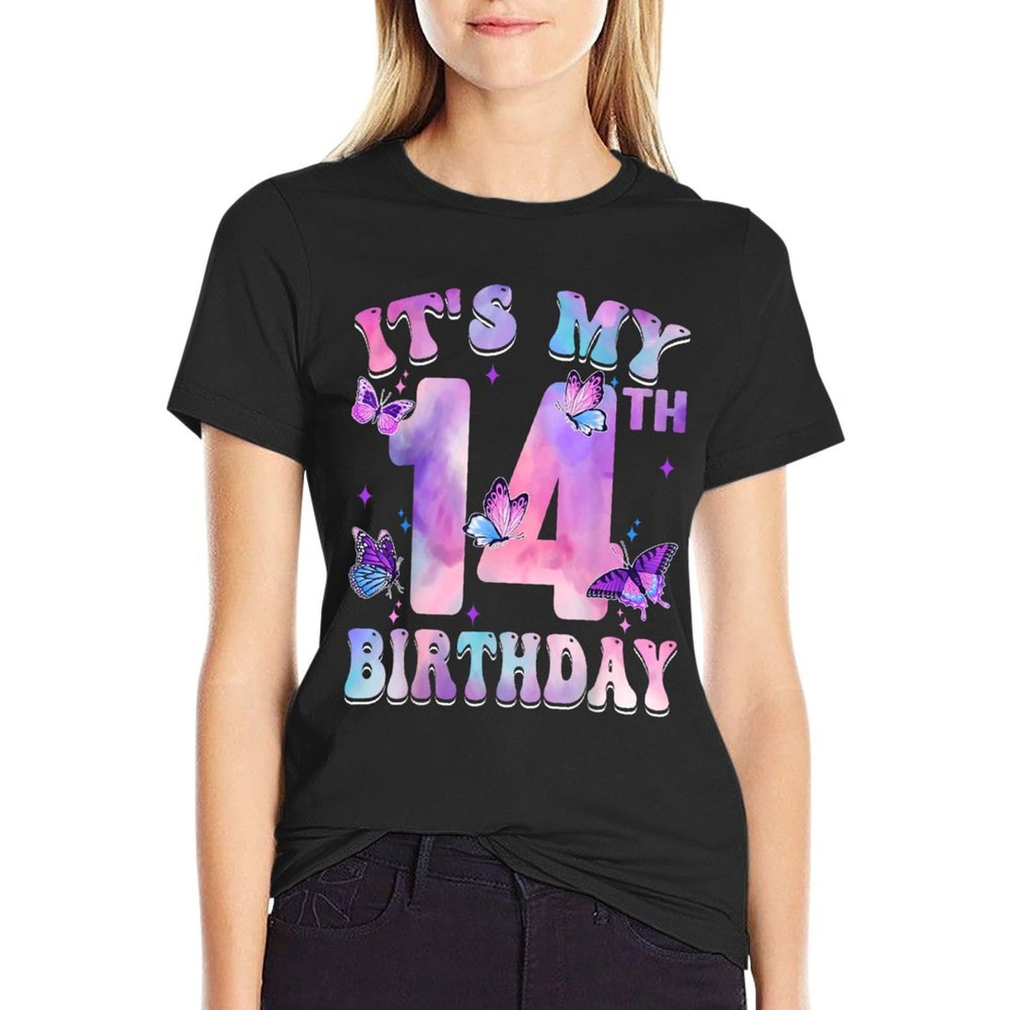 It's My 14th Birthday Butterfly Theme 14 Year Old Party Girl  Quick-drying T-Shirt