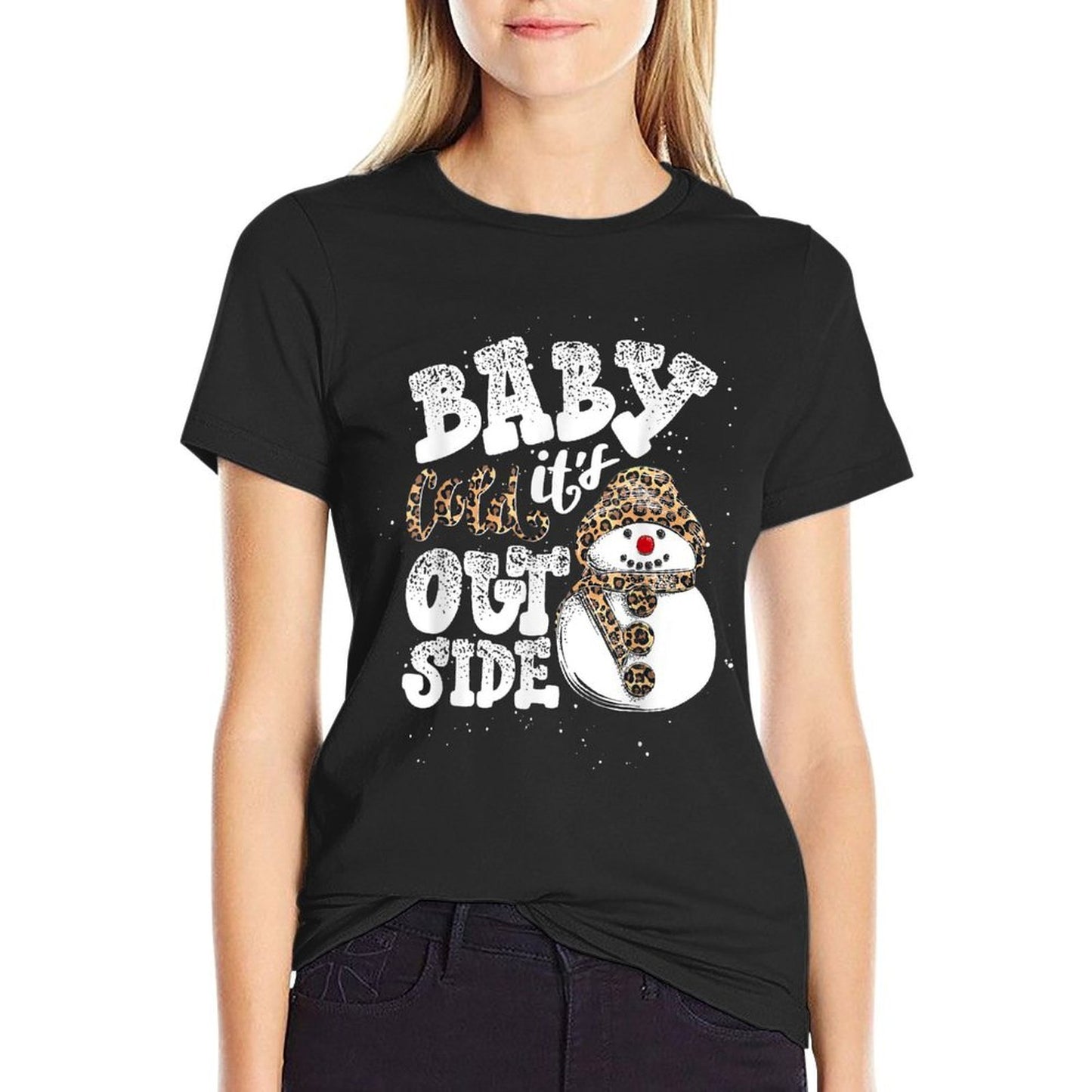 Baby Its Cold Outside Leopard Print Christmas  Heathered Texture T-Shirt