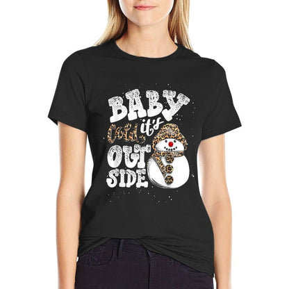 Baby Its Cold Outside Leopard Print Christmas  Heathered Texture T-Shirt