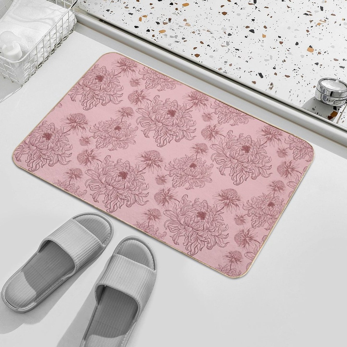 Vintage Floral Pattern on Soft Pink Background  Pet-Safe Bath Mat