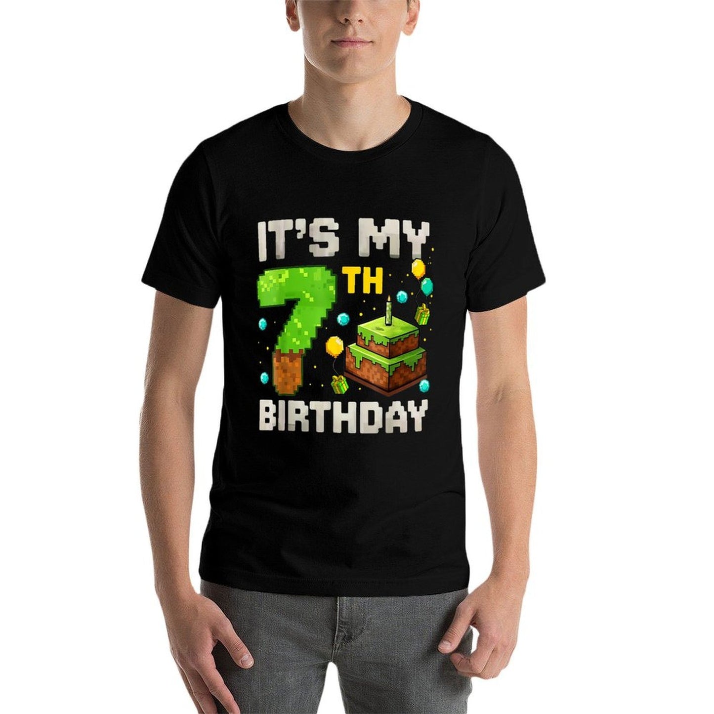 Kids Its My 7th Birthday Gamer Pixel Birthday Boy  Ribbed Collar T-Shirt