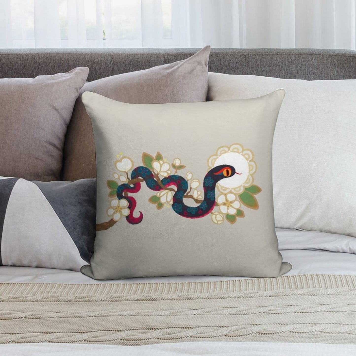 Snake And Flowers 2 Soft Hidden Zipper Throw Pillow