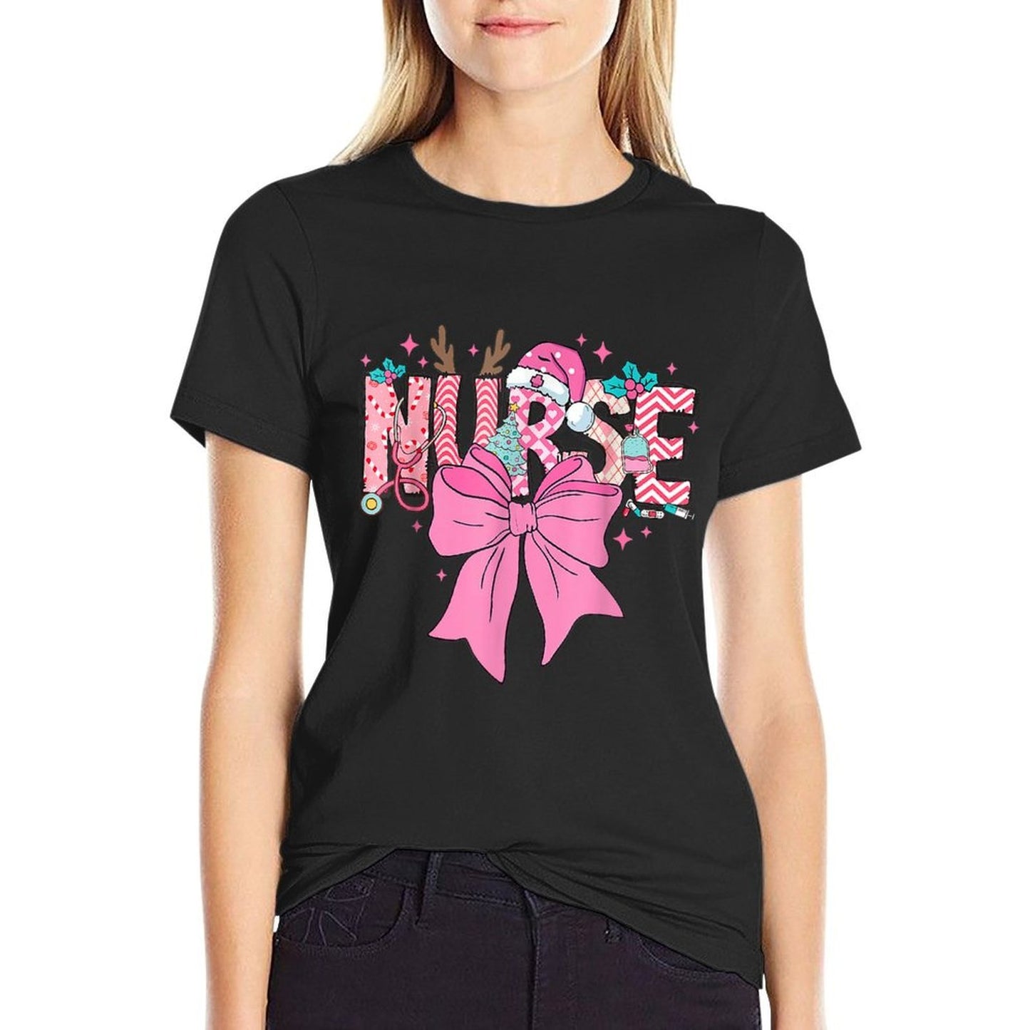 Coquette Nurse Christmas Nursing Pink Tone Bow Xmas Plaid  Heathered Texture T-Shirt
