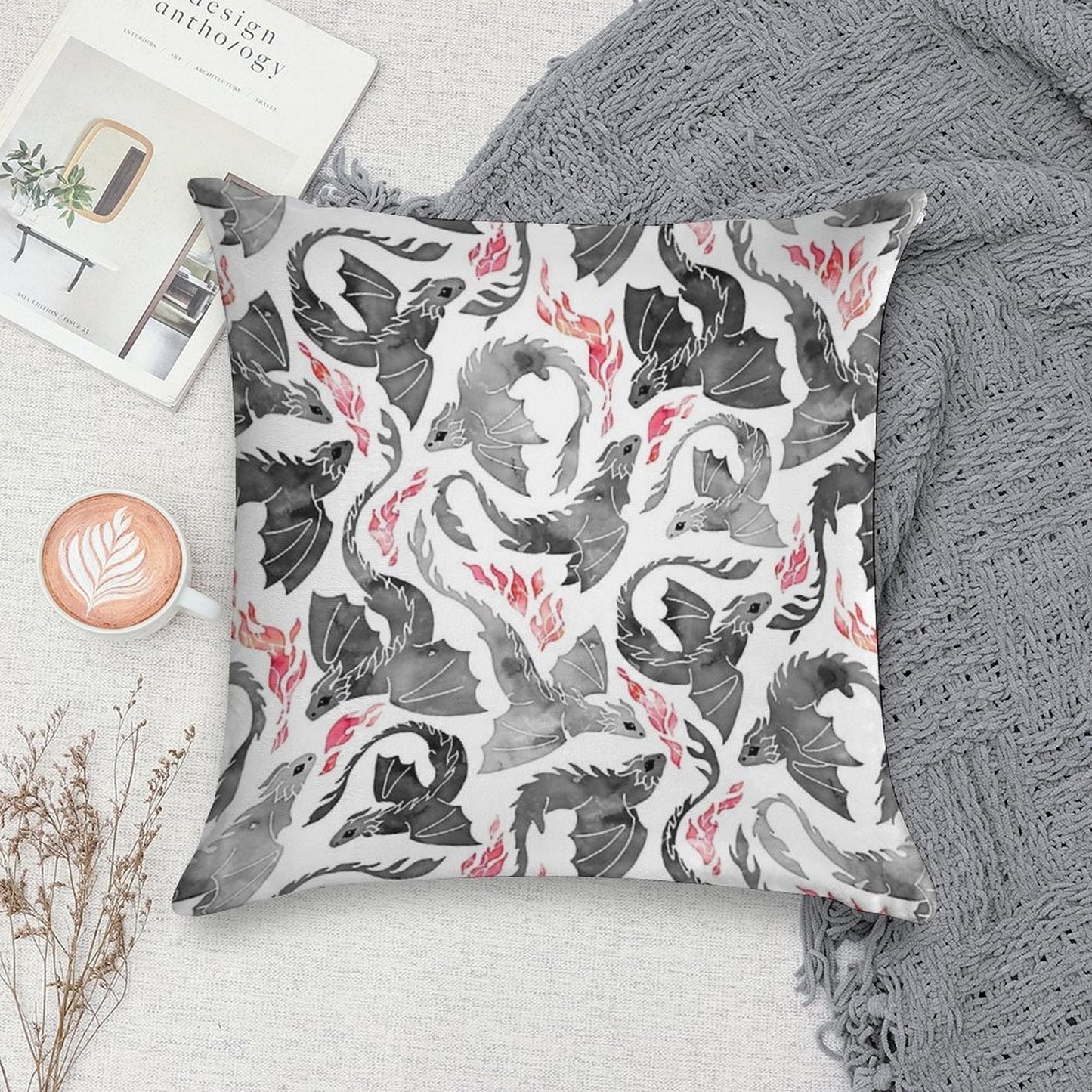 Dragon Fire Greys & Blacks Soft Decorative Cover Throw Pillow