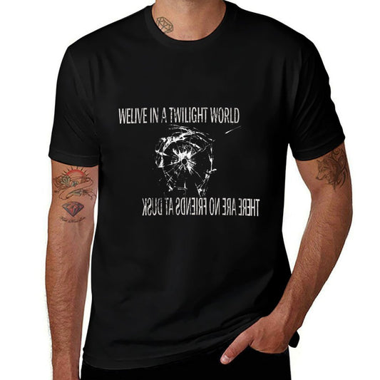 Womens WE LIVE IN A TWILIGHT WORLD, THERE ARE NO FRIENDS AT DUSK  Ribbed Collar T-Shirt