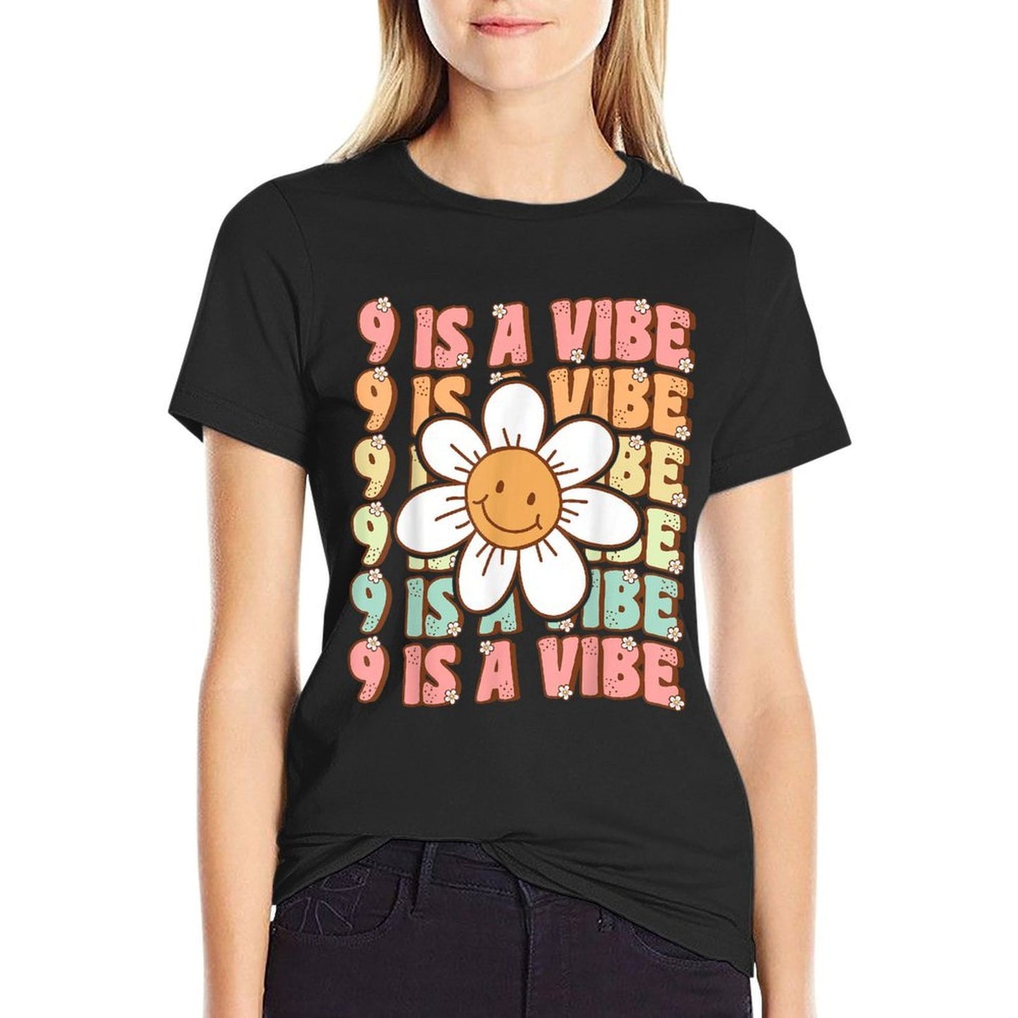 Nine Is A Vibe Cute Groovy 9th Birthday Party Daisy Flower  Easy-care T-Shirt