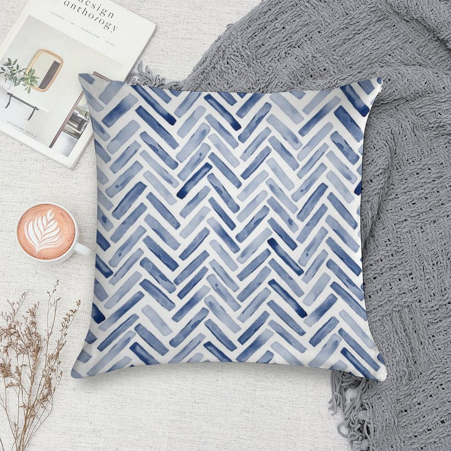 Indigo Blue Watercolor Herringbone Chevron Soft Reinforced Edging Throw Pillow
