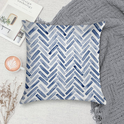 Indigo Blue Watercolor Herringbone Chevron Soft Reinforced Edging Throw Pillow