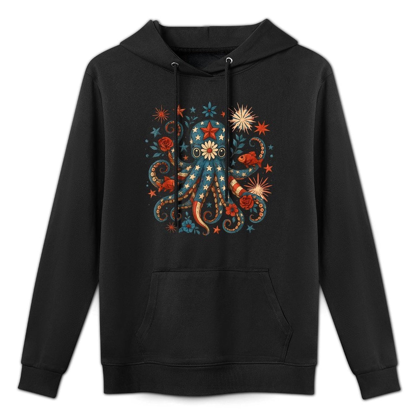 Vintage Floral Octopus Patriotic 4th of July Fireworks USA Cotton-Polyester Blend Hoodie